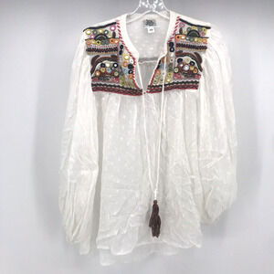 Ivy Jane Top Womens XS White Swiss Dot Peasant Balloon Sleeve Embroidered Tassel